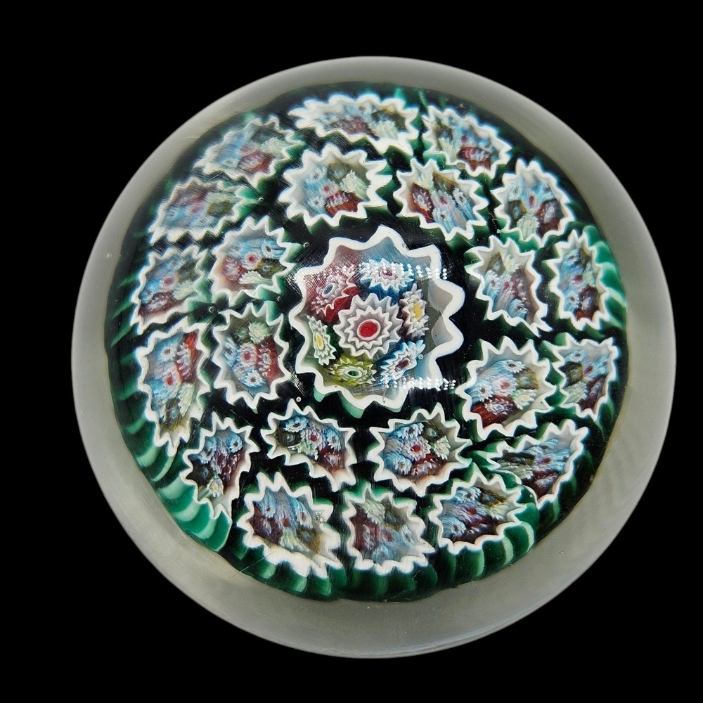 Murano Glass Millefiori Dome Paperweight Green Canes Flowers Heavy Large 3 1/4"